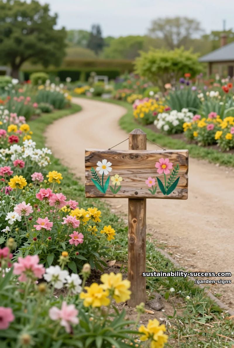 rustic wooden garden sign with hand-painted flowers along a winding path 1