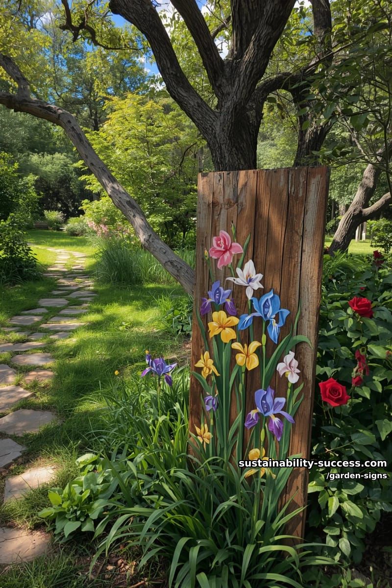 rustic wooden garden sign with hand-painted flowers along a winding path 1