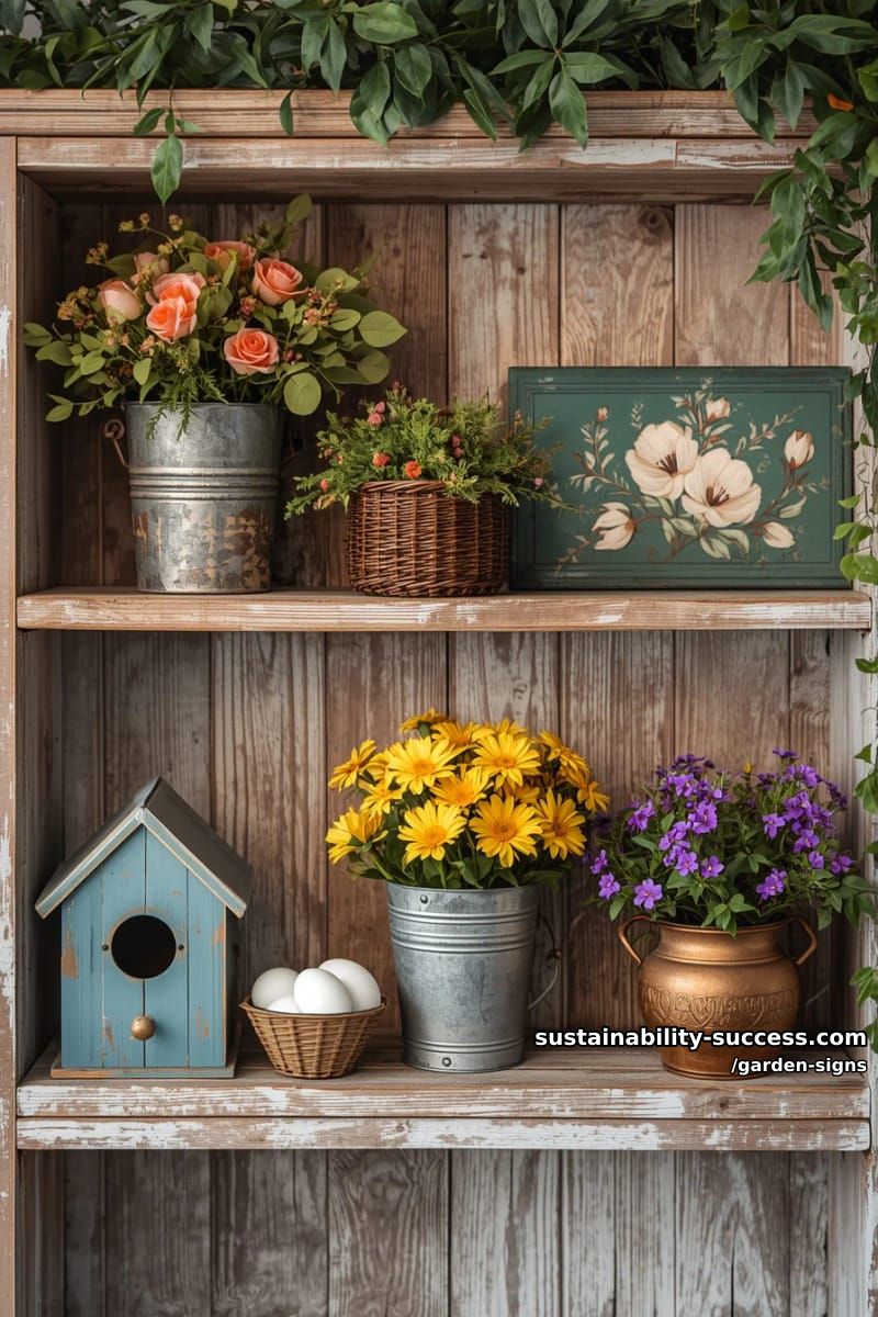rustic wooden shelf displaying artificial flowers, birdhouse, and floral decor 1