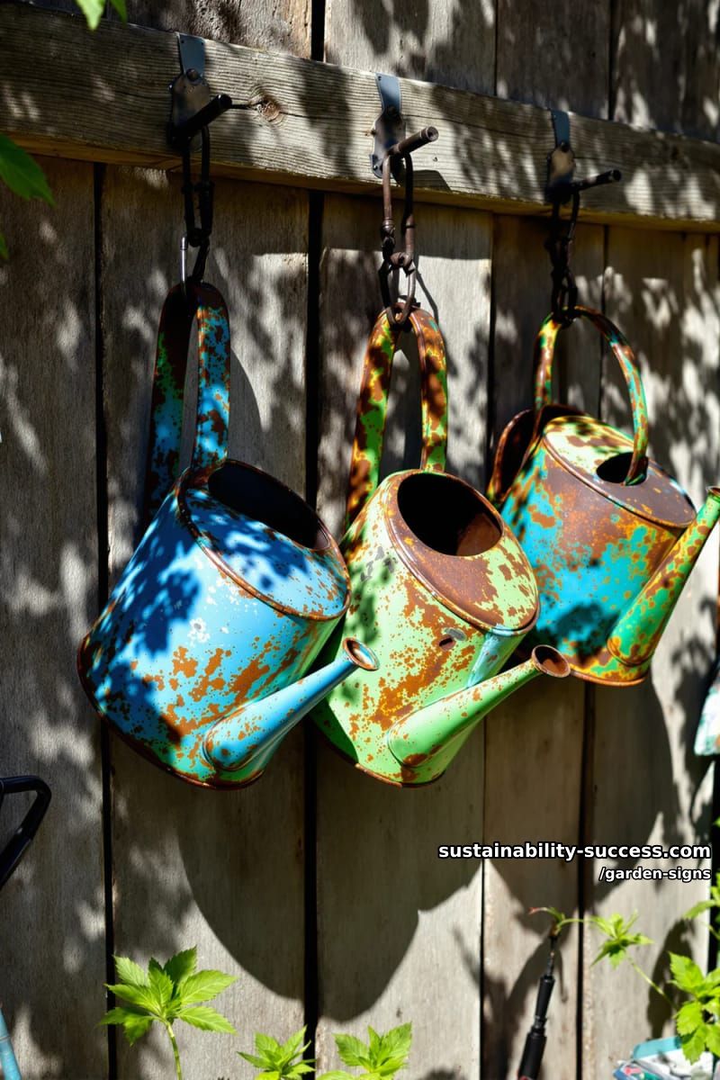 rusty blue and green metal watering cans hanging against weathered wood 1
