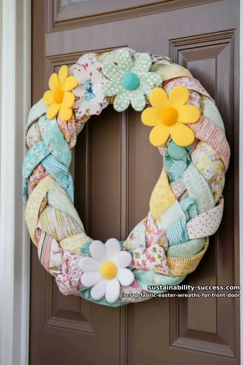 scrap fabric braids forming a chunky wreath, adorned with felt daisies 1