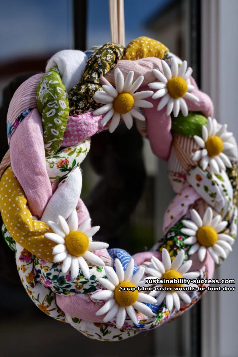 scrap fabric braids forming a chunky wreath, adorned with felt daisies 1