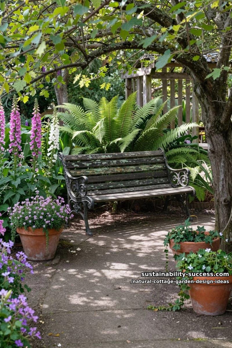 secret garden benches surrounded by wild foxgloves and feathery ferns 1