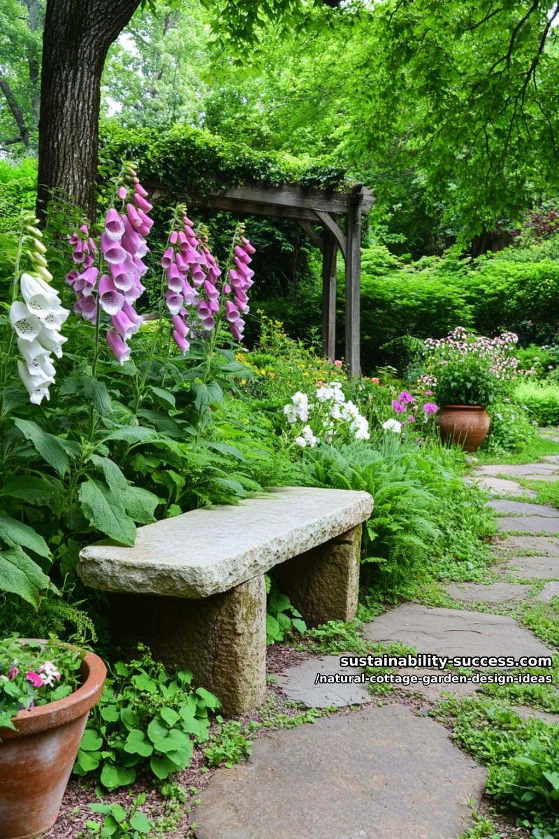 secret garden benches surrounded by wild foxgloves and feathery ferns 1