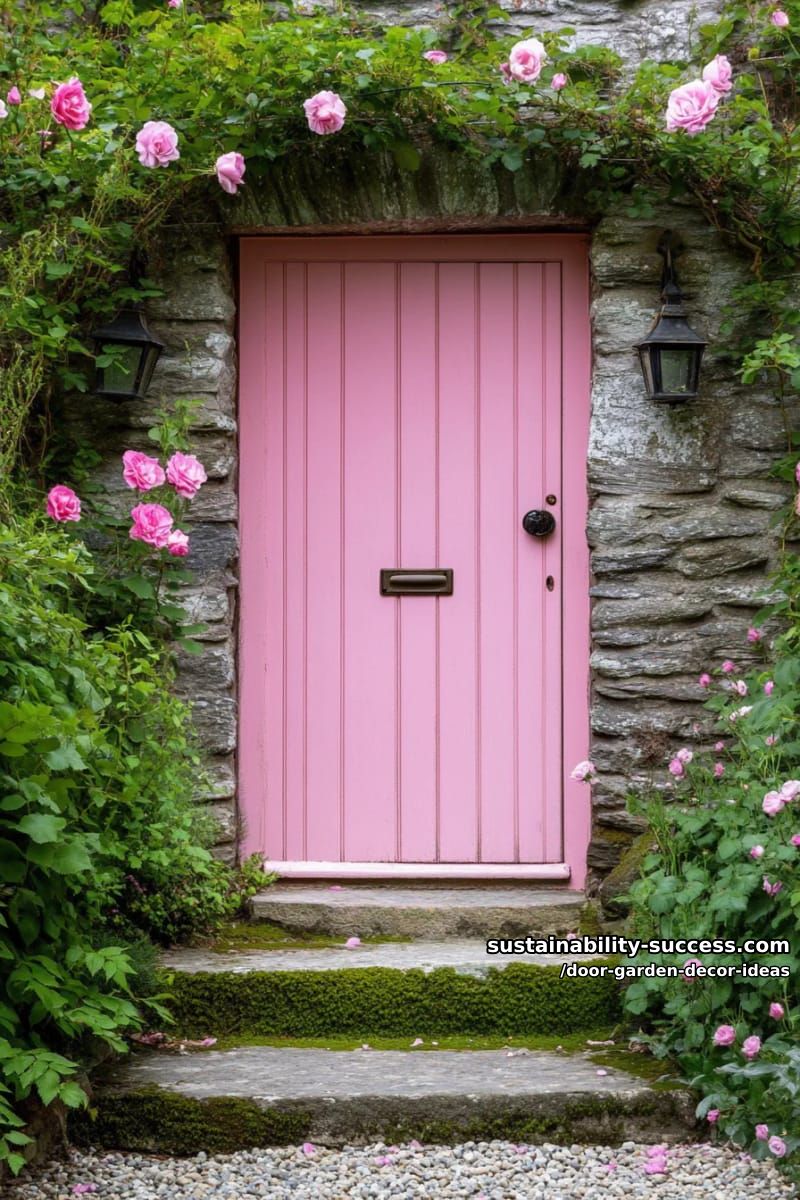 secret garden entrance with vintage pink door covered in climbing roses 1