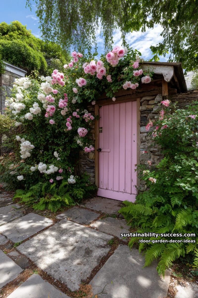 secret garden entrance with vintage pink door covered in climbing roses 1