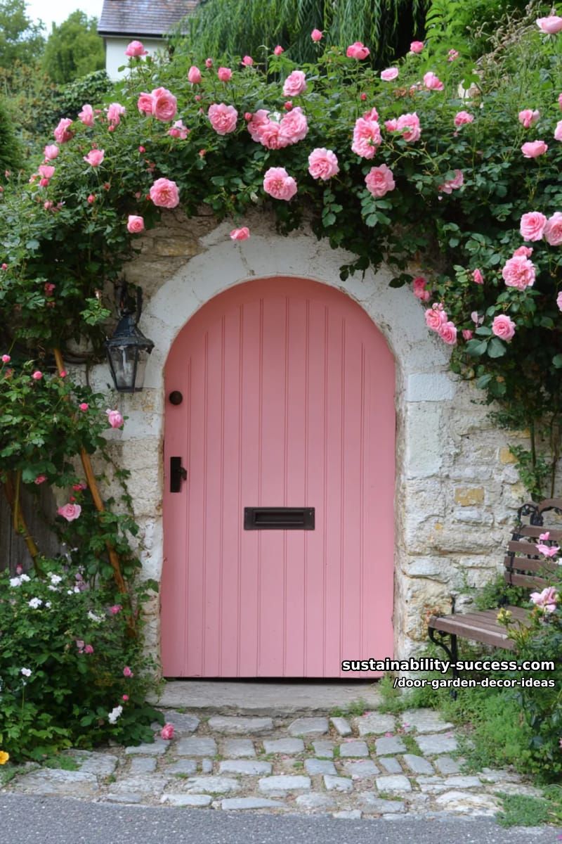 secret garden entrance with vintage pink door covered in climbing roses 1