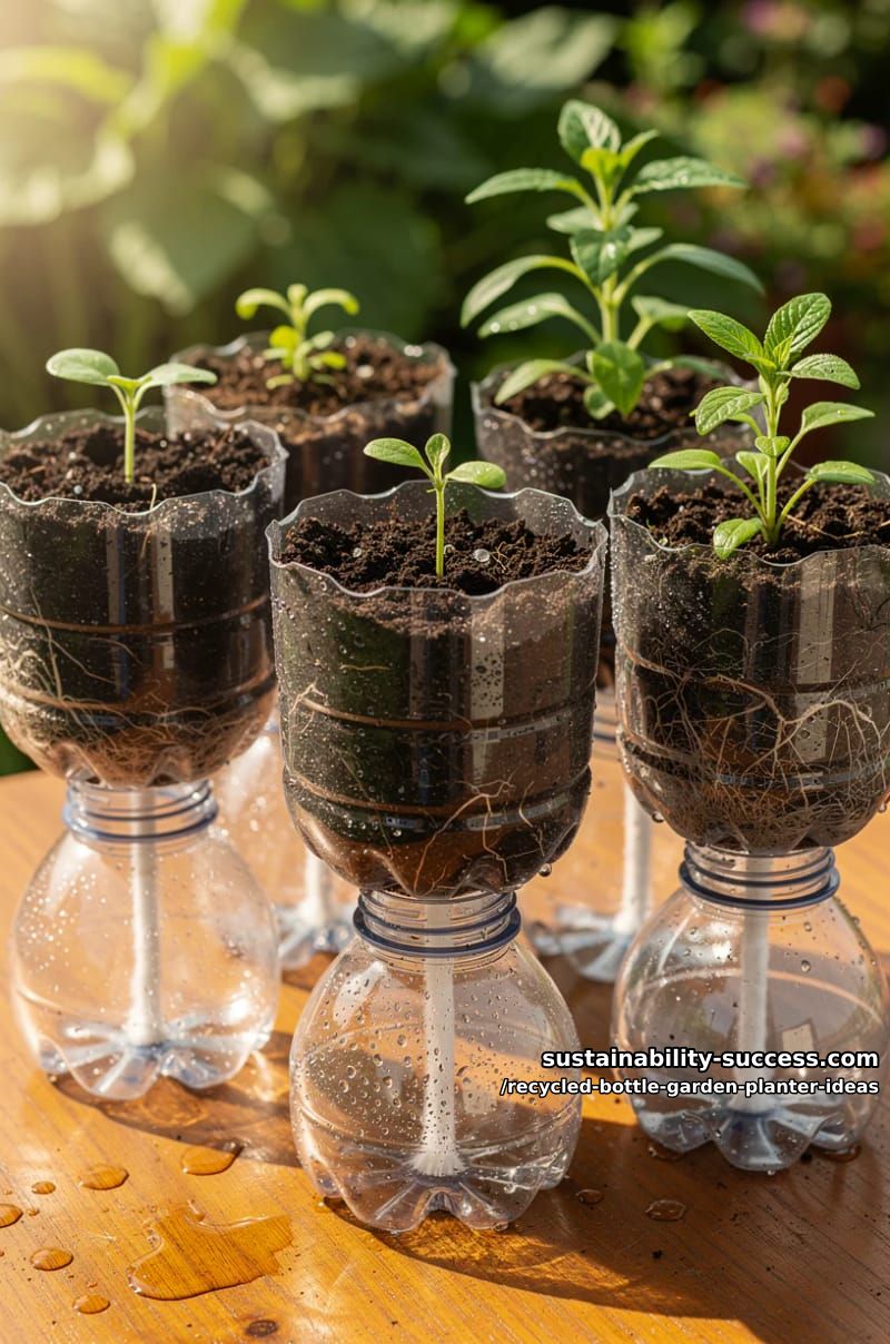 self-watering planters using bottle bottoms and wicks 1