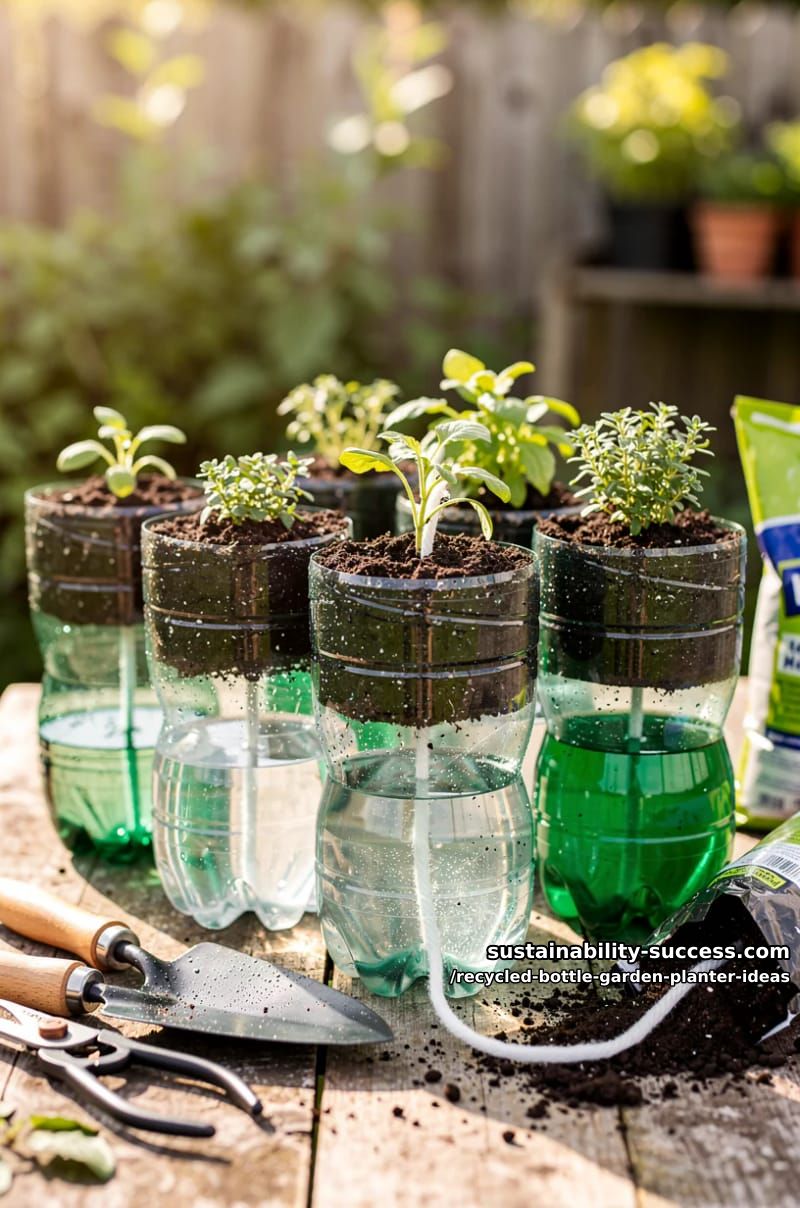 self-watering planters using bottle bottoms and wicks 1
