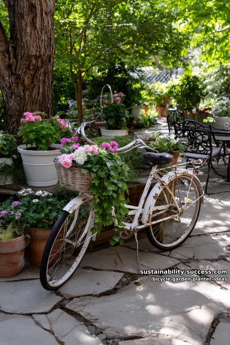 15 Creative Bicycle Planter Ideas for a Charming Garden Display 32 shabby chic tandem bike with trailing ivy and patio planter arrangements 1