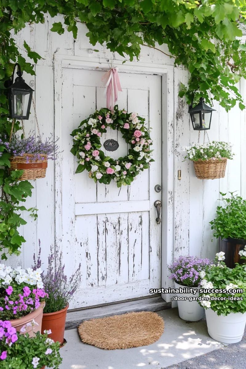 shabby chic white door adorned with lush hanging baskets and wreath 1