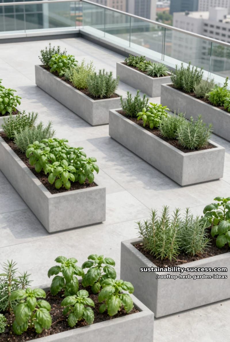 sleek concrete planters arranged for minimalist rooftop herb oasis 1
