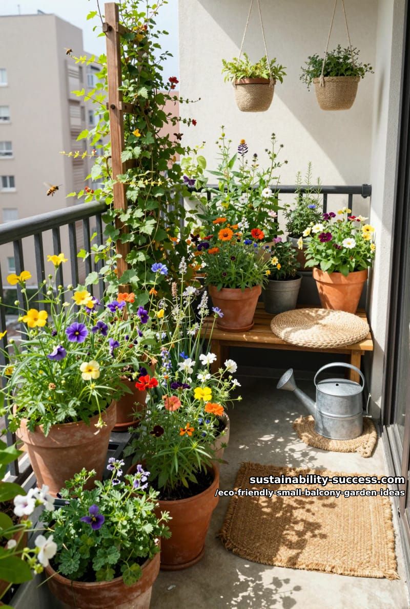 small balcony garden featuring pollinator-friendly wildflowers 1