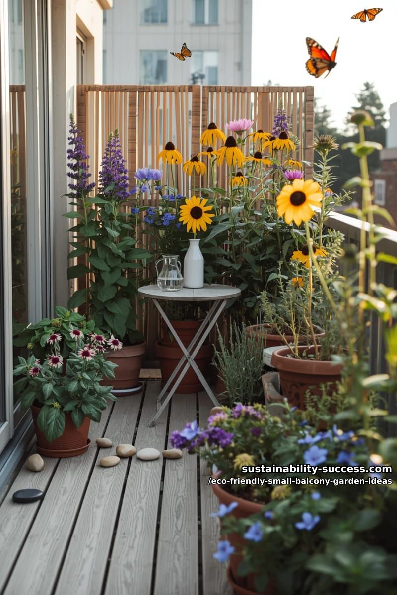small balcony garden featuring pollinator-friendly wildflowers 1