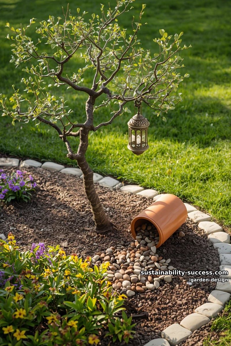 small tree with hanging lantern, curved white stone border, and tipped pot feature. 1