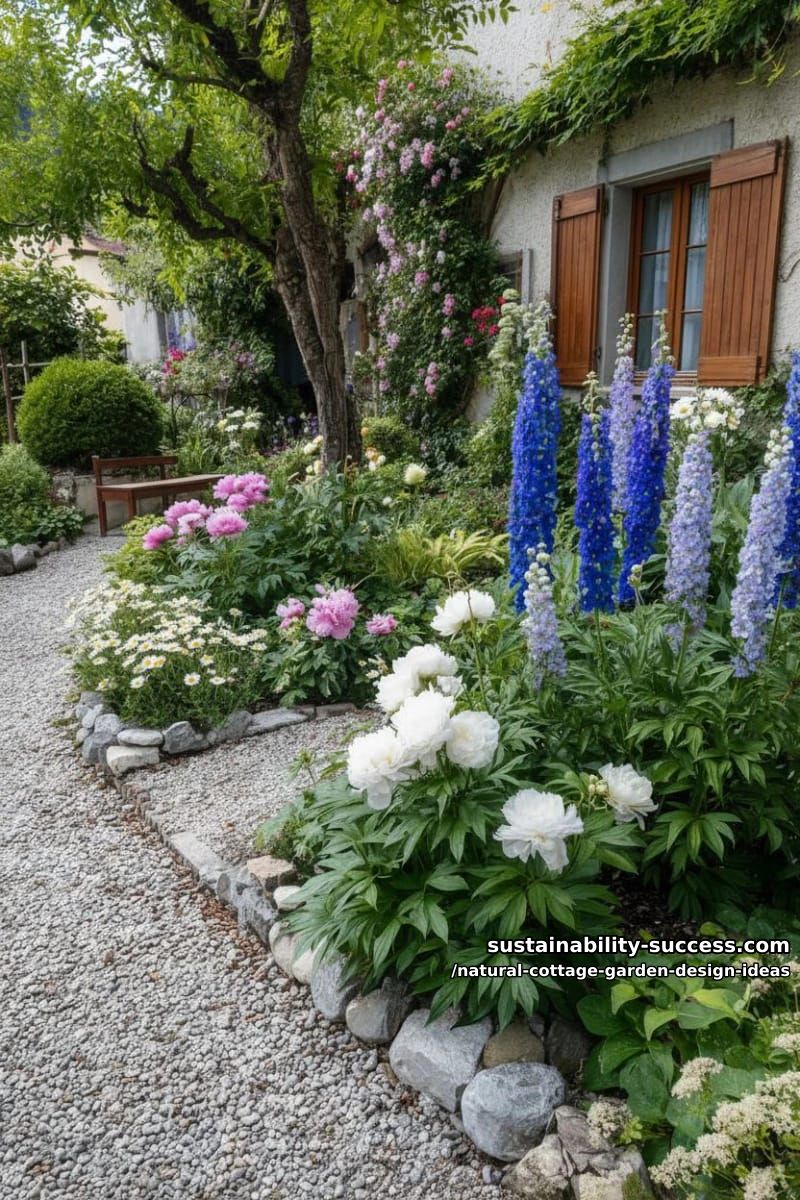soft pastel garden beds overflowing with peonies, delphiniums, and daisies 1