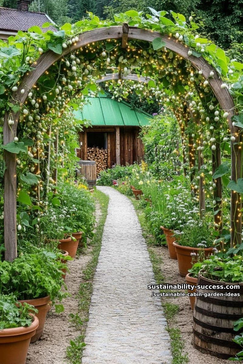 solar-powered fairy lights woven through trellis arch of climbing beans 1