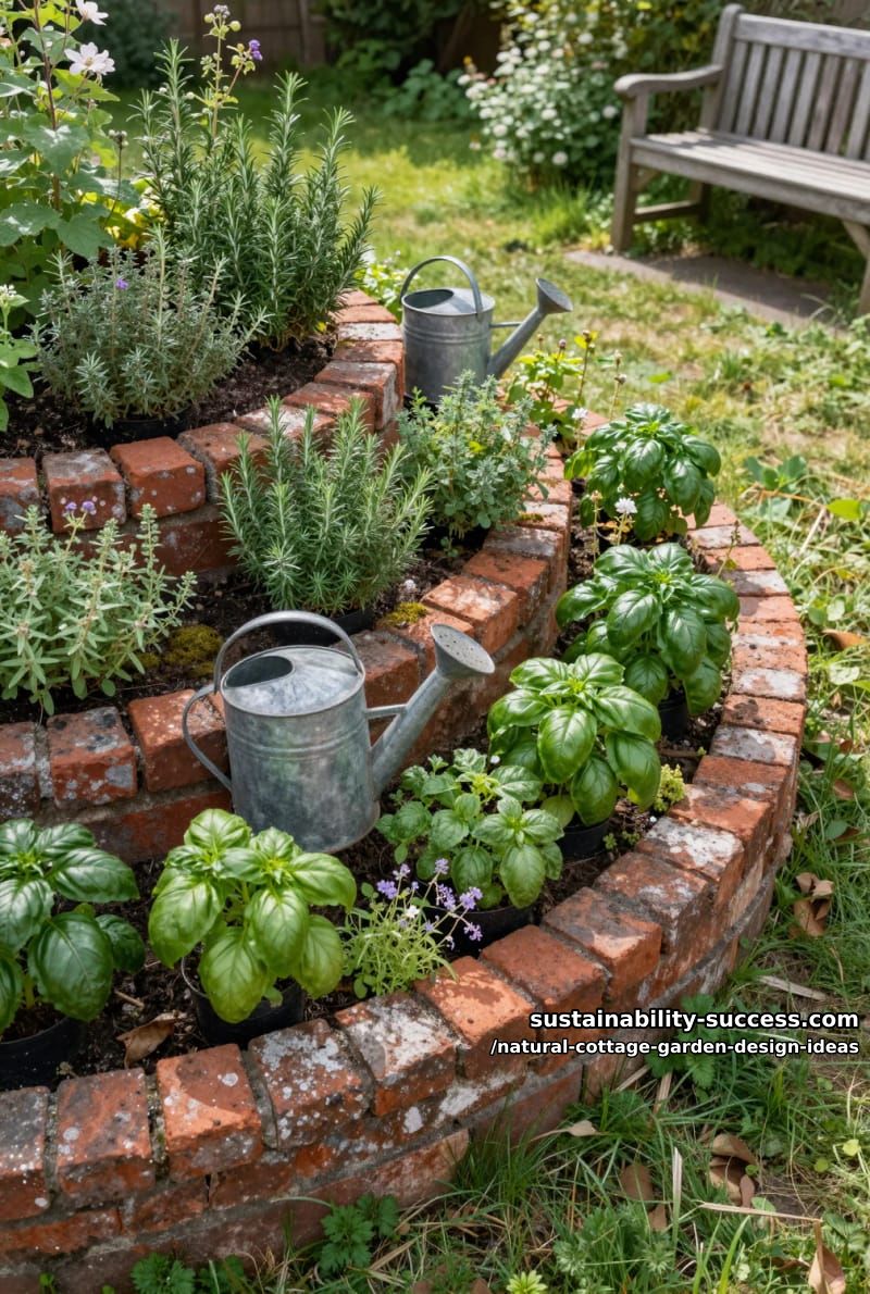 spiral herb gardens edged with weathered bricks and vintage watering cans 1