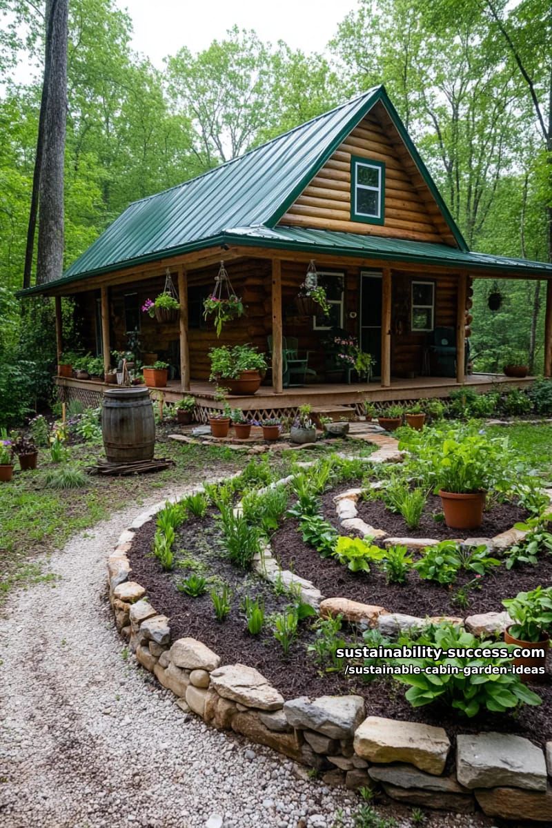 spiral permaculture bed winding from cabin porch into woodland edge 1