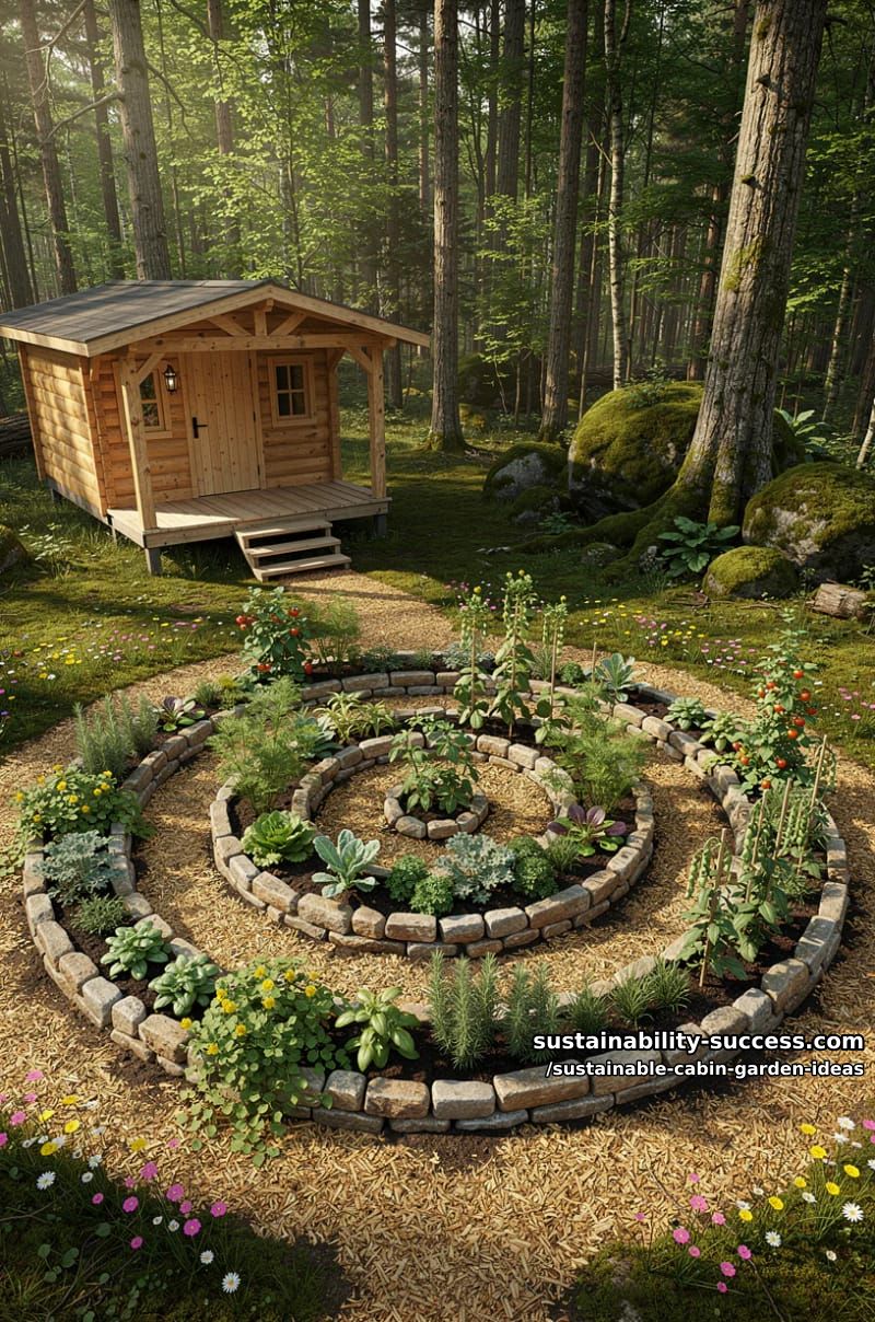 spiral permaculture bed winding from cabin porch into woodland edge 1
