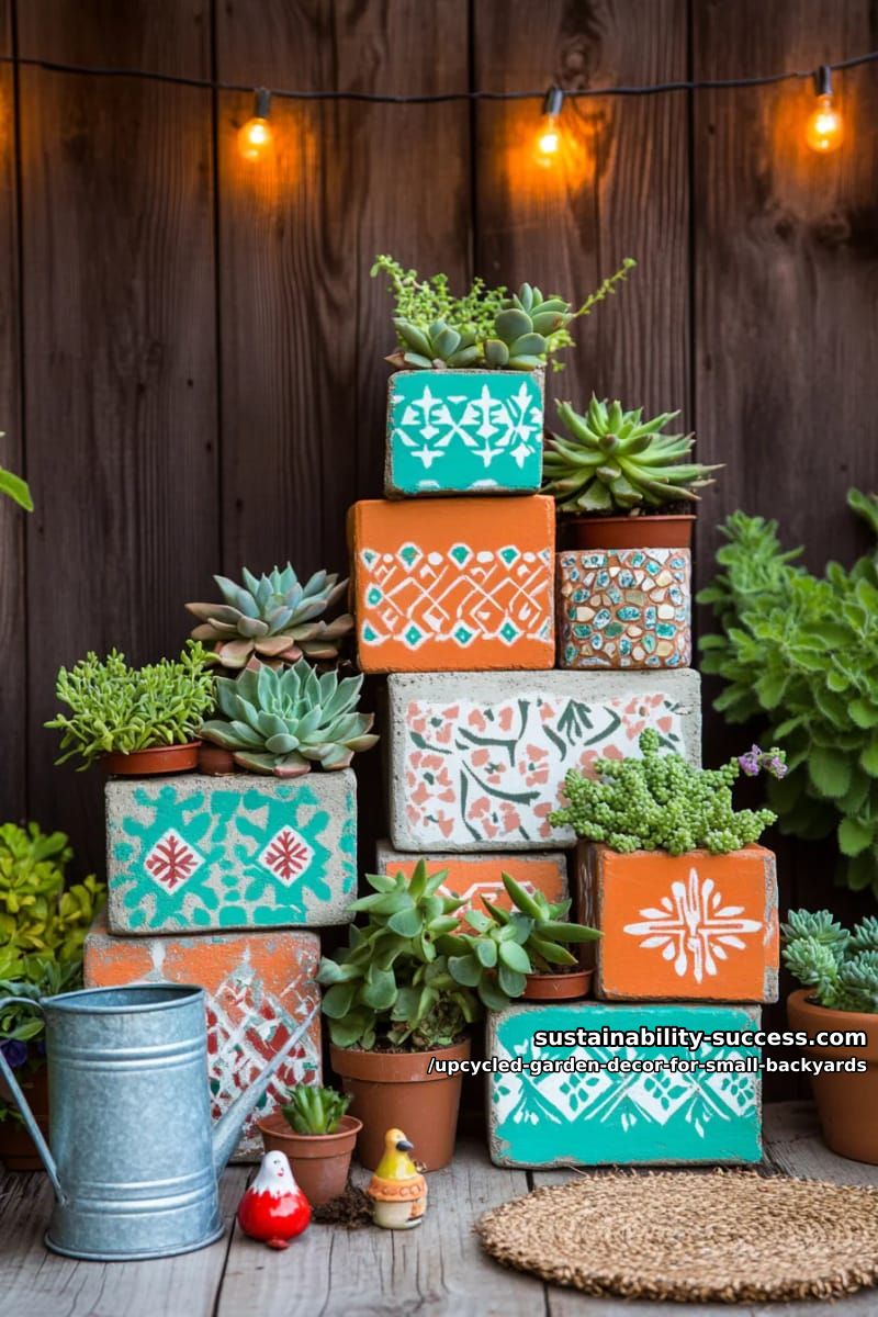 stacked cinder block mini planters with patterned paint details 1