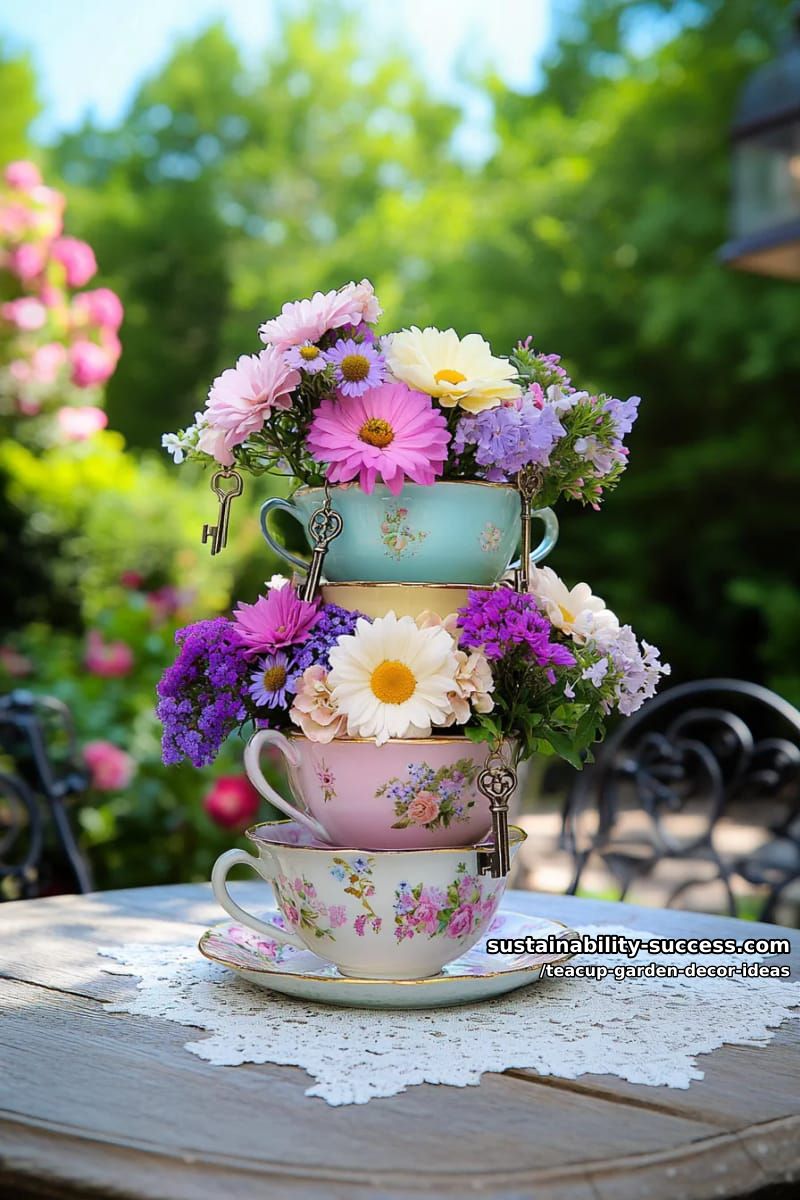 stacked teacup tower with pastel blooms and vintage keys 1