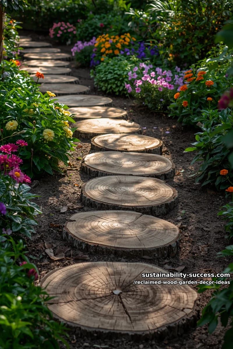 stepping stones made from slices of reclaimed logs leading through flower beds 1
