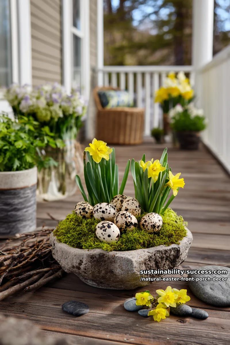 stoneware bowl centerpiece with moss, quail eggs, and tiny daffodil clusters 1