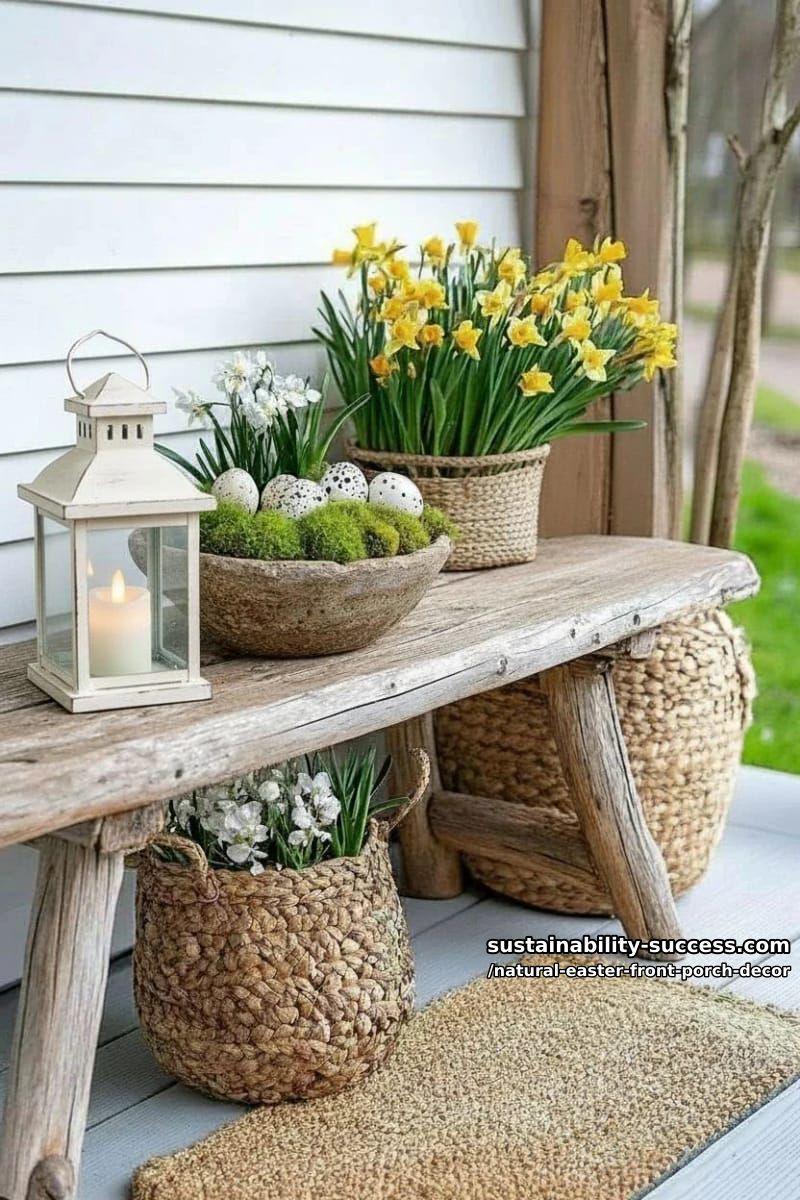 stoneware bowl centerpiece with moss, quail eggs, and tiny daffodil clusters 1