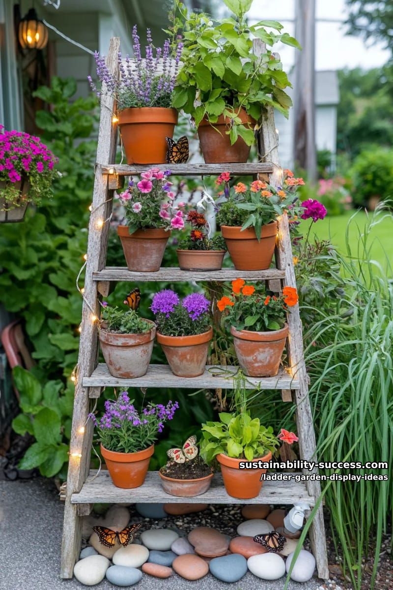 sun-bleached ladder fence with string lights and butterfly-attracting blooms 1