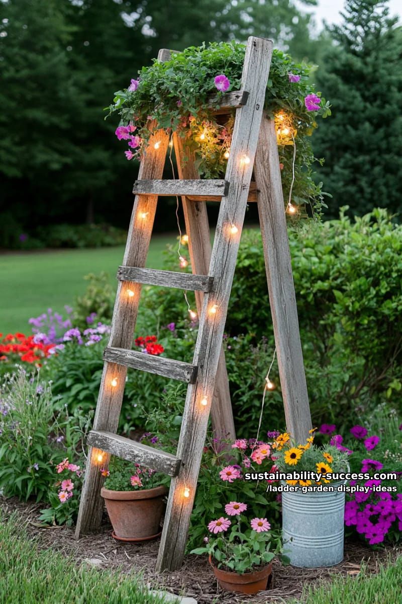 sun-bleached ladder fence with string lights and butterfly-attracting blooms 1