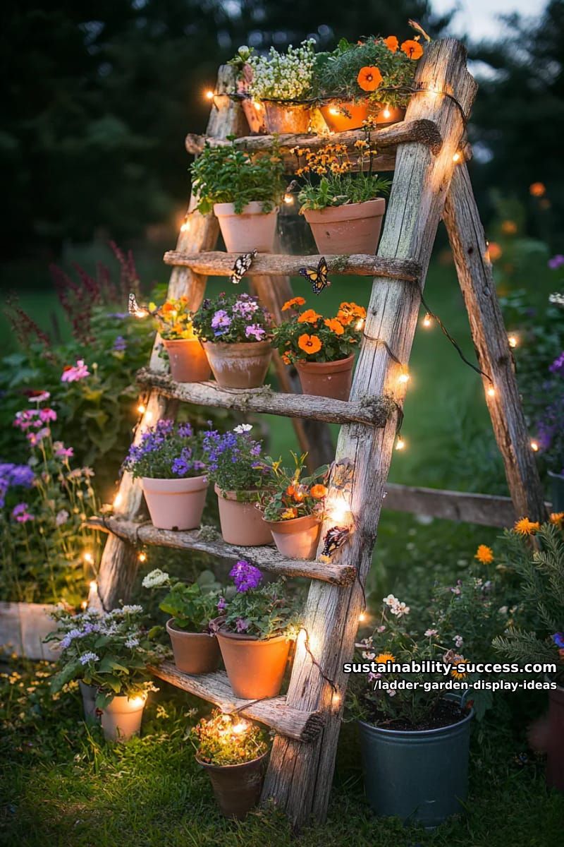sun-bleached ladder fence with string lights and butterfly-attracting blooms 1