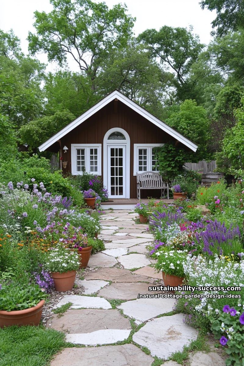 sun-dappled garden house surrounded by mixed borders and potted herbs 1
