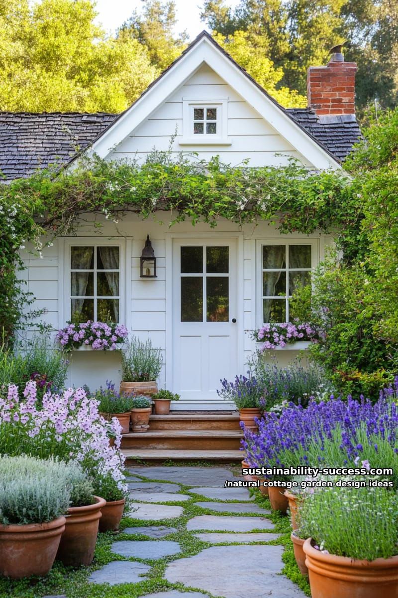 sun-dappled garden house surrounded by mixed borders and potted herbs 1