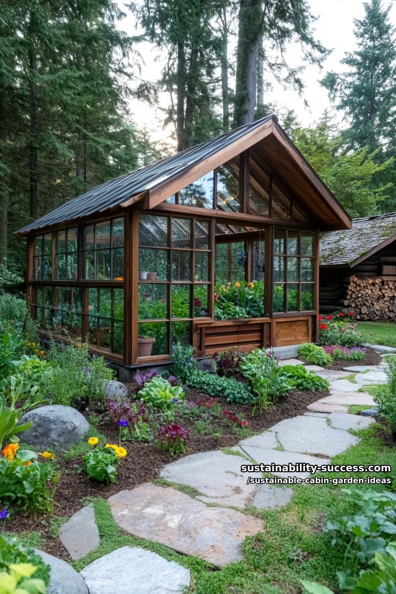 sunken greenhouse using recycled windows beside rustic wooden cabin 1