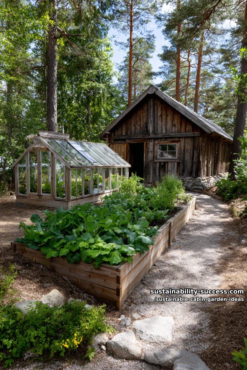 sunken greenhouse using recycled windows beside rustic wooden cabin 1