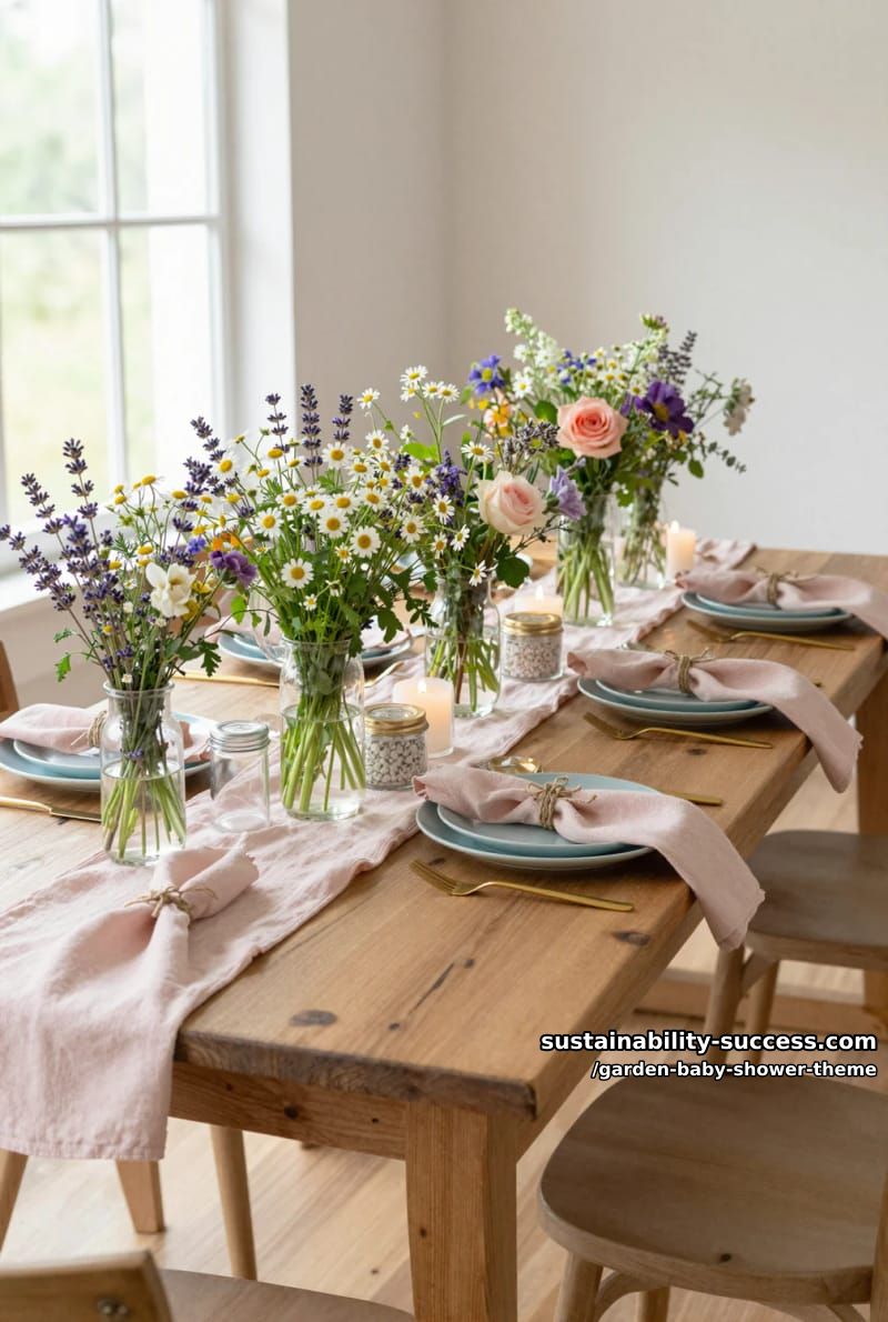 sunlit dining table with wildflowers, blush napkins, and gold cutlery 1