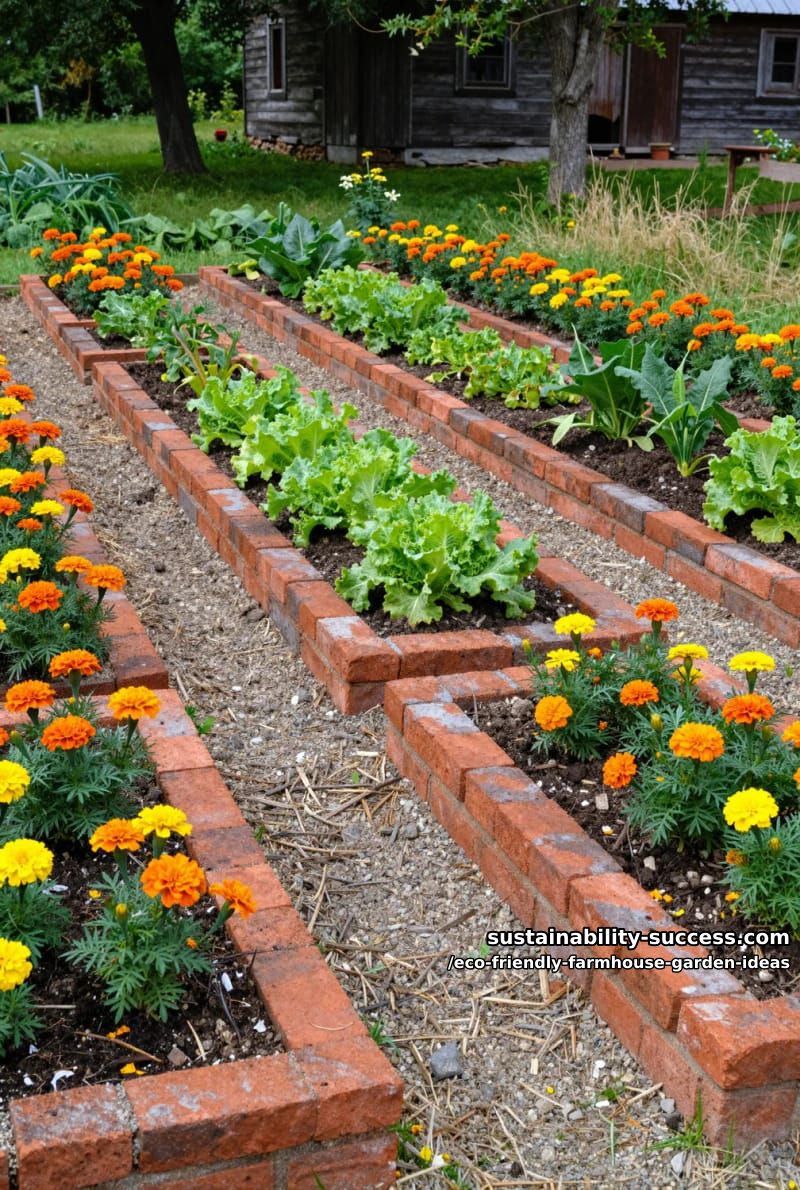 symmetrical raised beds edged with reclaimed brick and vibrant marigold plantings 1