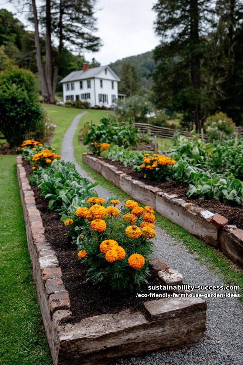 symmetrical raised beds edged with reclaimed brick and vibrant marigold plantings 1