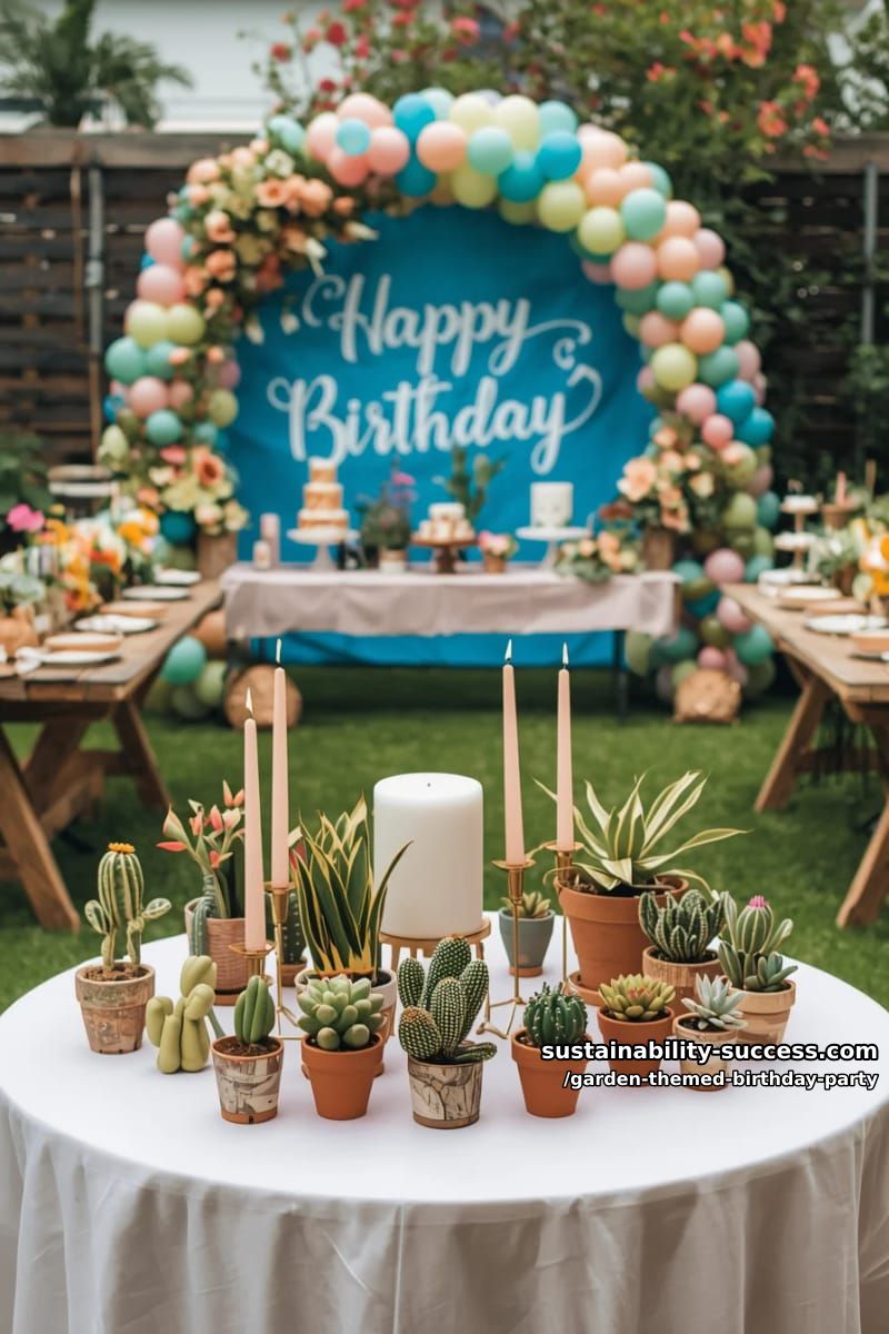 tabletop with terracotta pots, houseplants, and cactus-shaped candles. 1