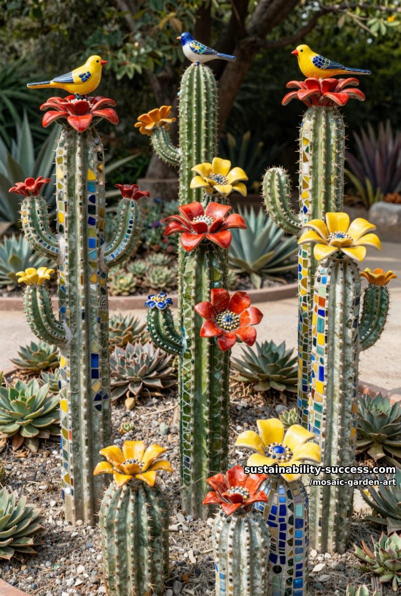 tall mosaic cactus sculptures with ceramic flowers and perched bird figures 1
