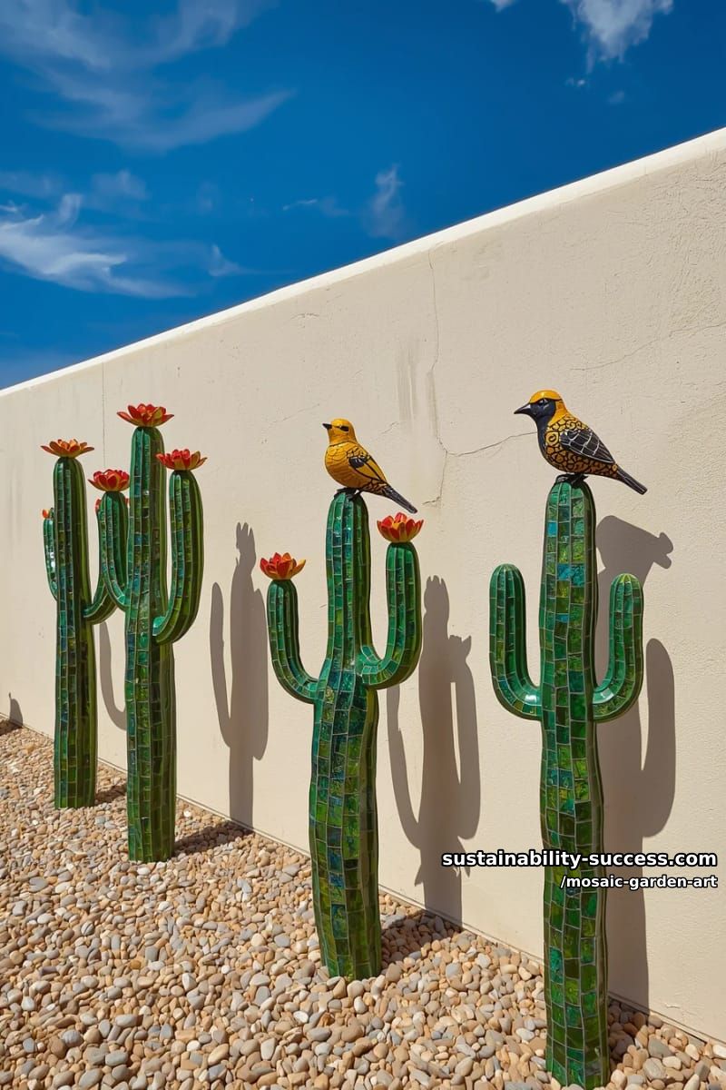 tall mosaic cactus sculptures with ceramic flowers and perched bird figures 1