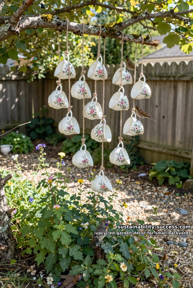 teacup bird feeders dangling from reclaimed tree branches 1