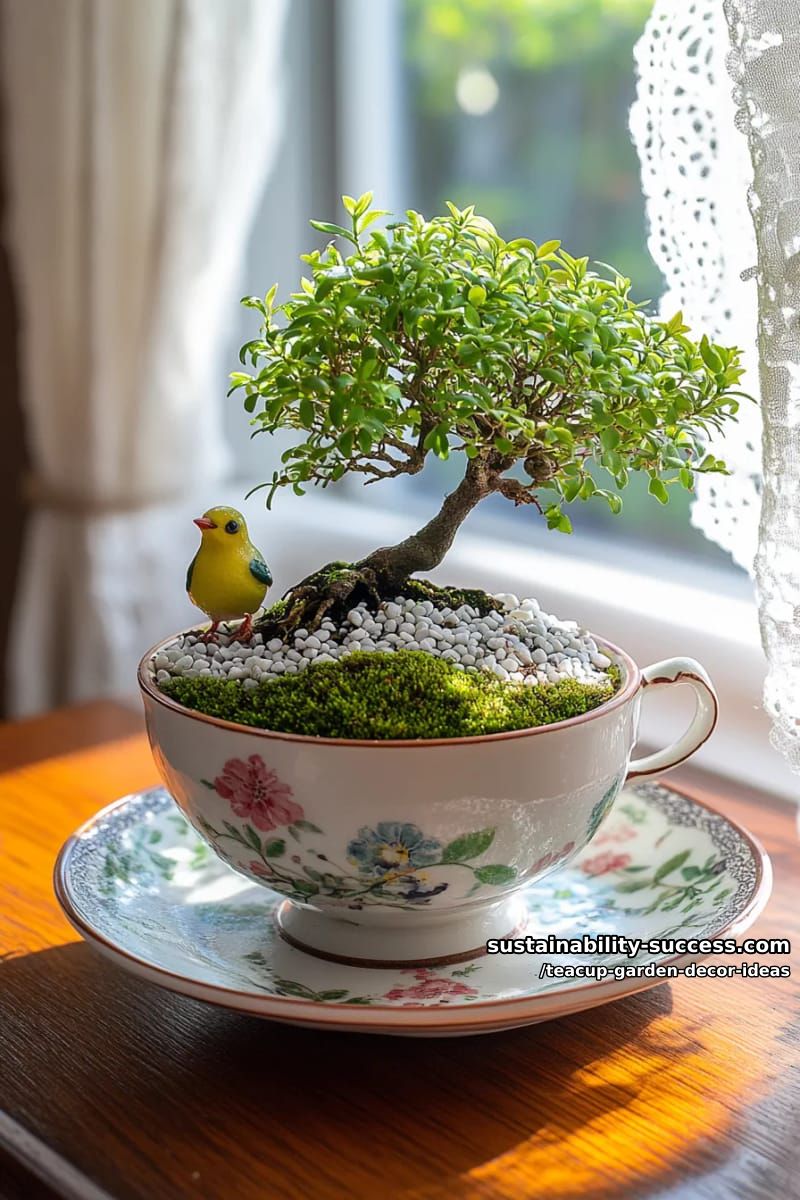teacup bonsai tree garden with tiny pebbles and moss carpeting 1