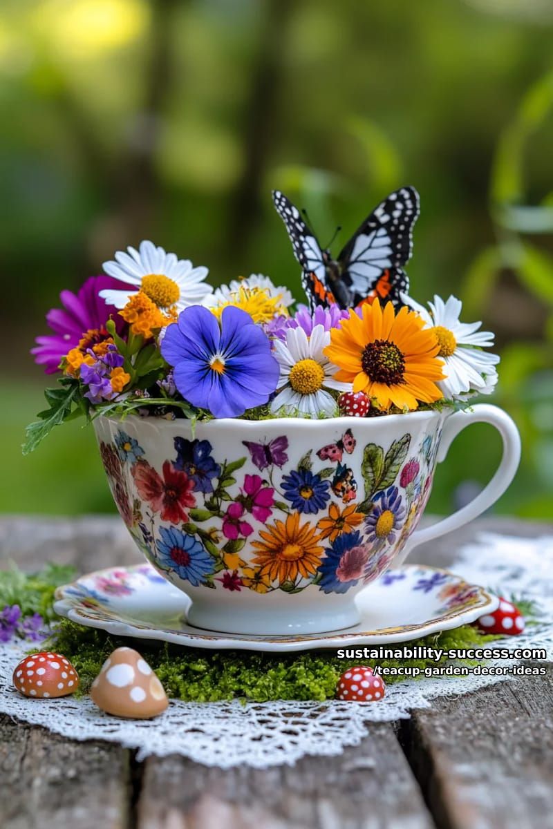 teacup centerpiece with wildflowers and a butterfly ornament 1