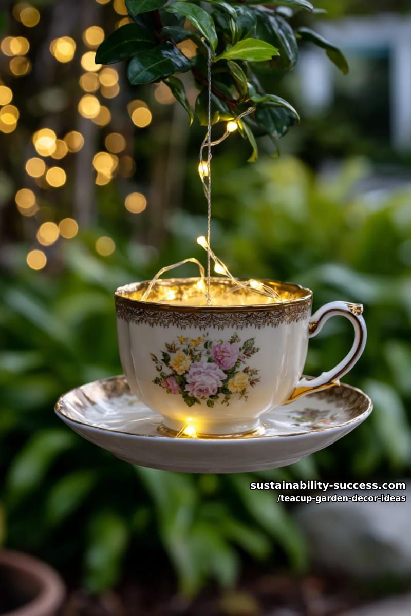 teacup lantern with fairy lights glowing through delicate china patterns 1
