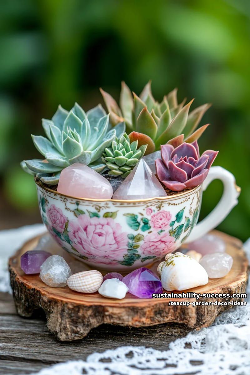 teacup succulent garden surrounded by polished crystals and shells 1
