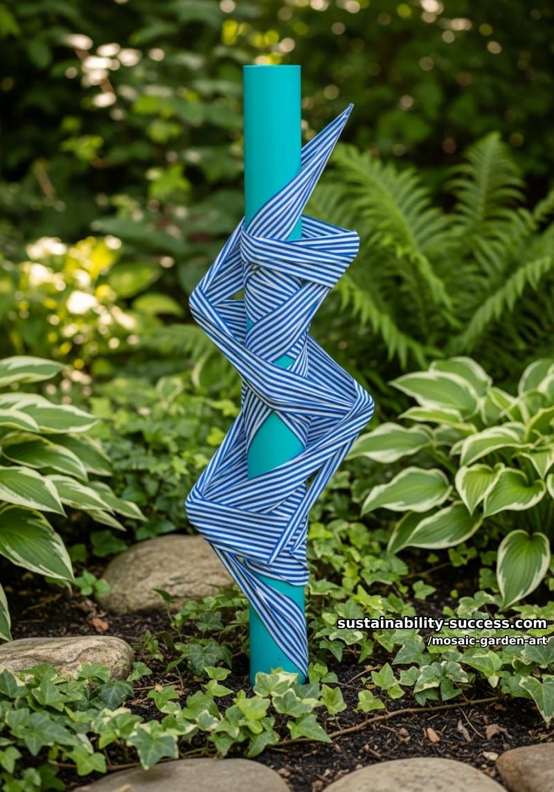 teal pvc pipe with blue-and-white striped geometric fabric pieces 1