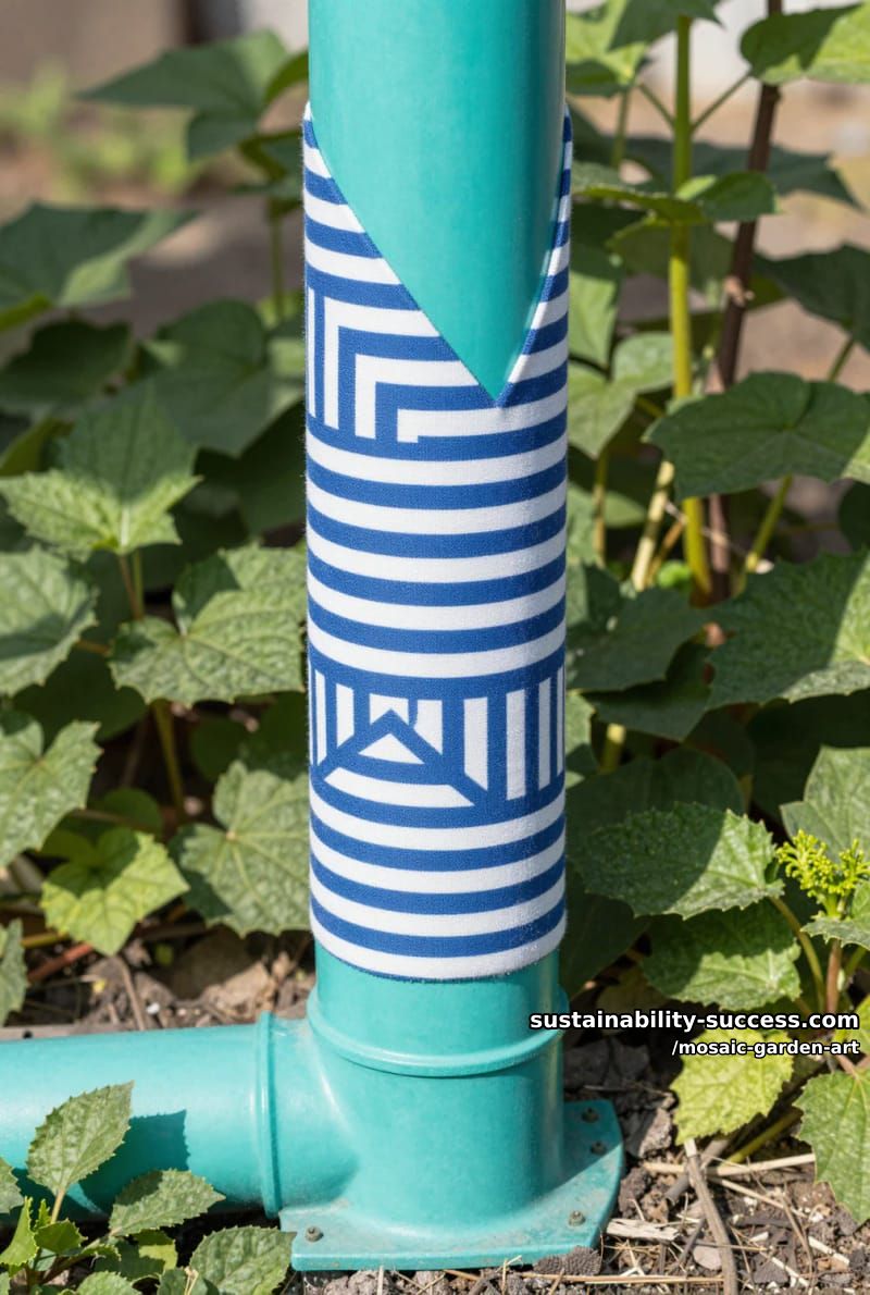 teal pvc pipe with blue-and-white striped geometric fabric pieces 1
