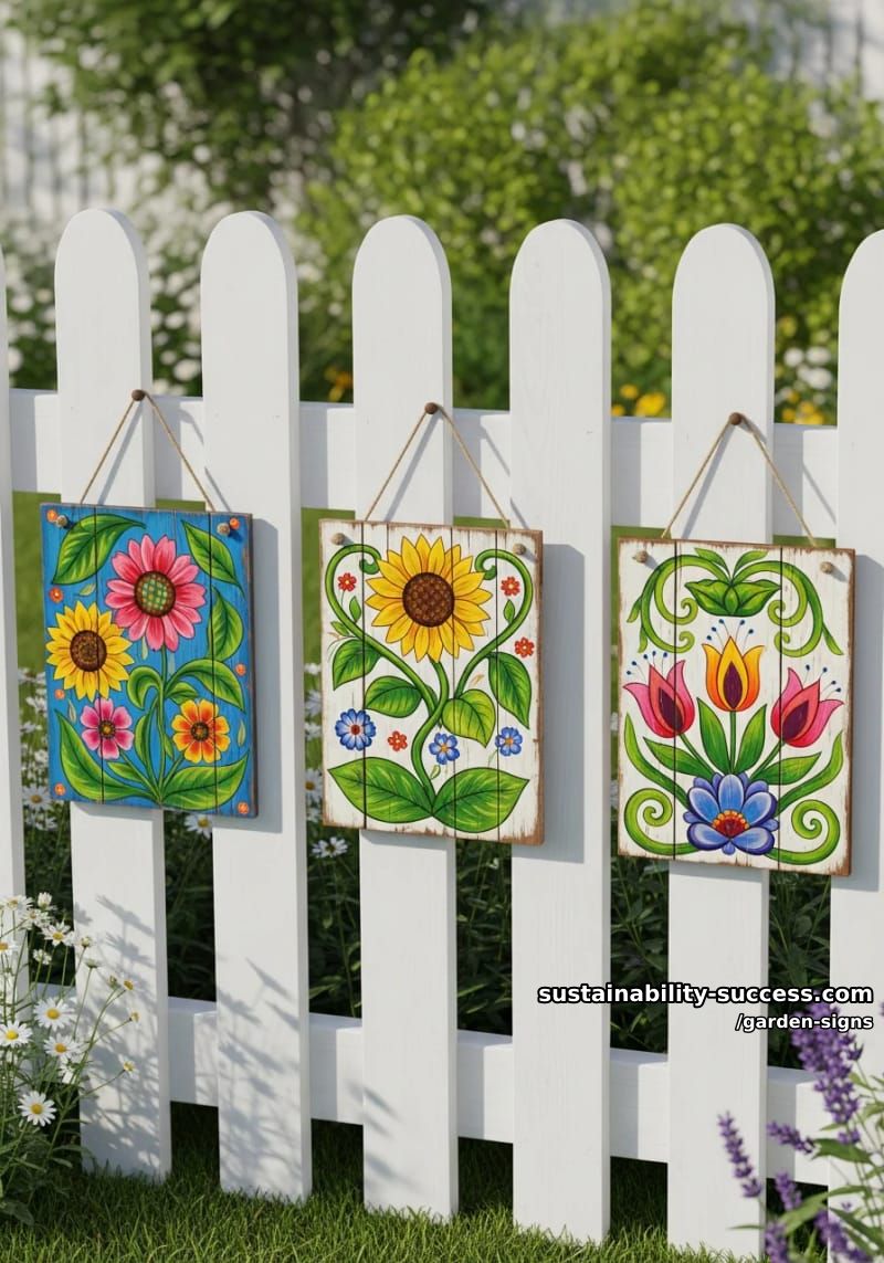 three folk-art style floral wooden signs hanging on a white picket fence 1